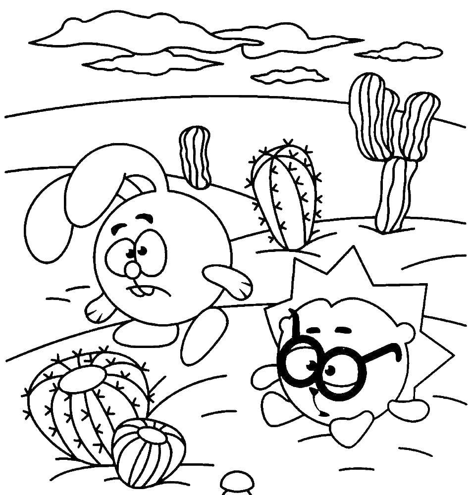 Coloring Croche and hedgehog of the game in the desert. Category Smeshariki . Tags:  Smeshariki Croche, Hedgehog.