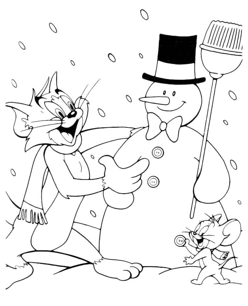 Название: Раскраска Том и джерри лепят снеговика. Категория: том и джерри. Теги: Персонаж из мультфильма, Том и Джерри.