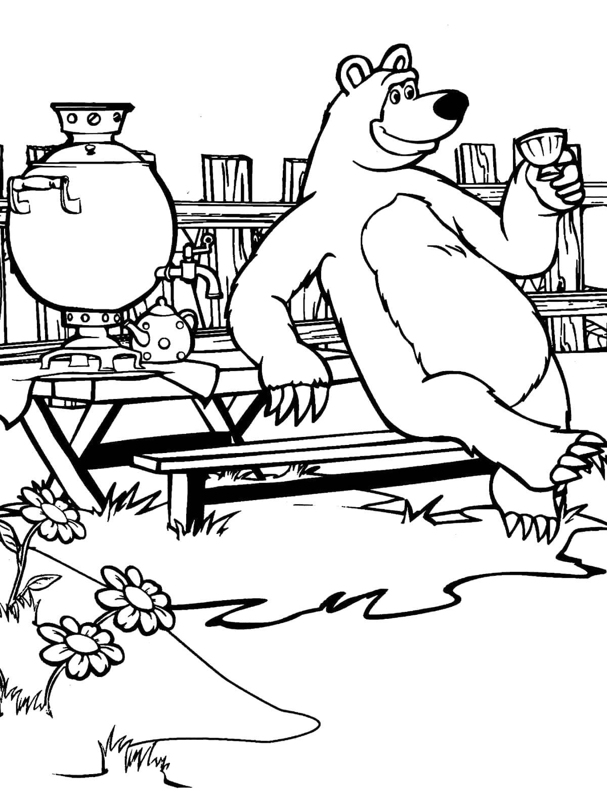 Coloring Bear drinking tea. Category Masha and the bear. Tags:  Masha, Bear.