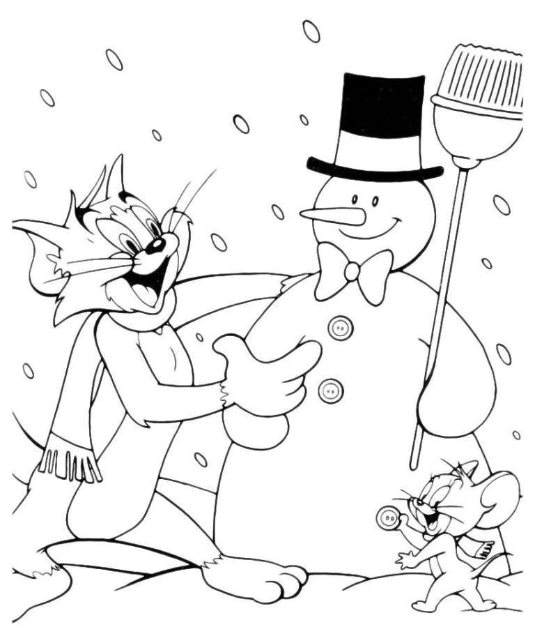 Название: Раскраска Том и джерри лепят снеговика. Категория: том и джерри. Теги: Персонаж из мультфильма, Том и Джерри.