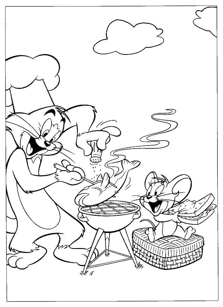 Название: Раскраска Том и джерри  на барбекю. Категория: том и джерри. Теги: Персонаж из мультфильма, Том и Джерри.