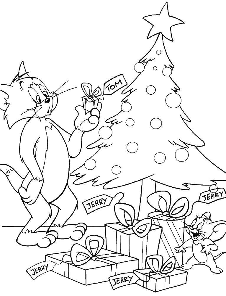 Название: Раскраска Том и джерри у новогодней елке. Категория: том и джерри. Теги: Том, Джерри.
