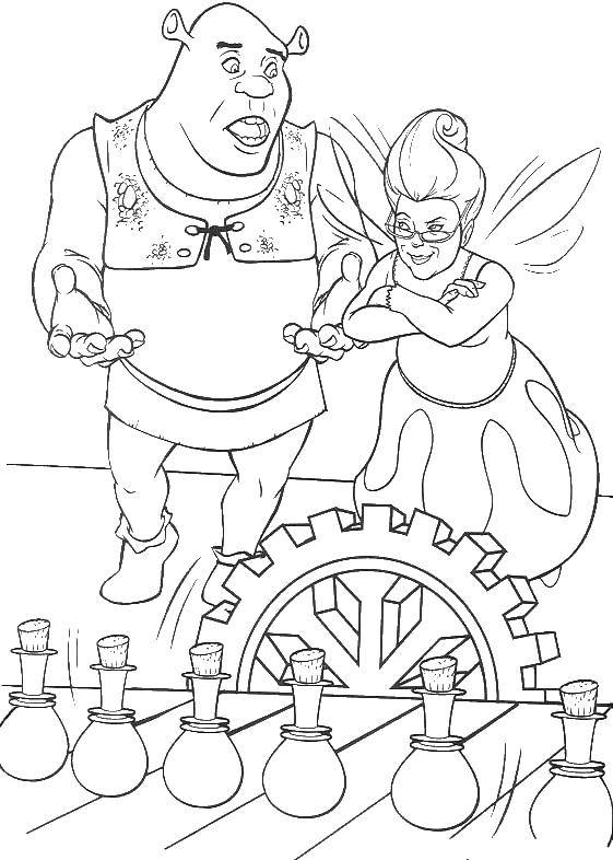 Coloring Shrek and fairy godmother. Category Shrek.. Tags:  Shrek, fairy, Fiona, donkey.