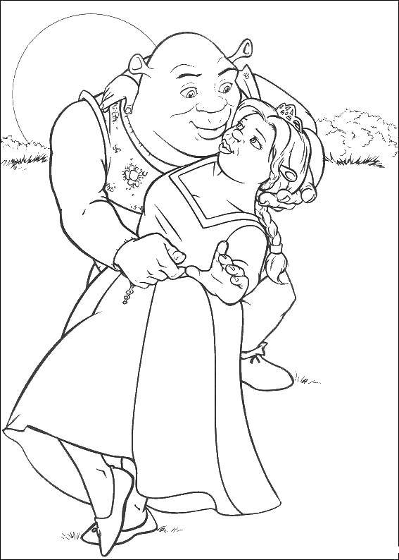 Coloring Shrek and Fiona kiss. Category Shrek.. Tags:  Shrek, fairy, Fiona, donkey.