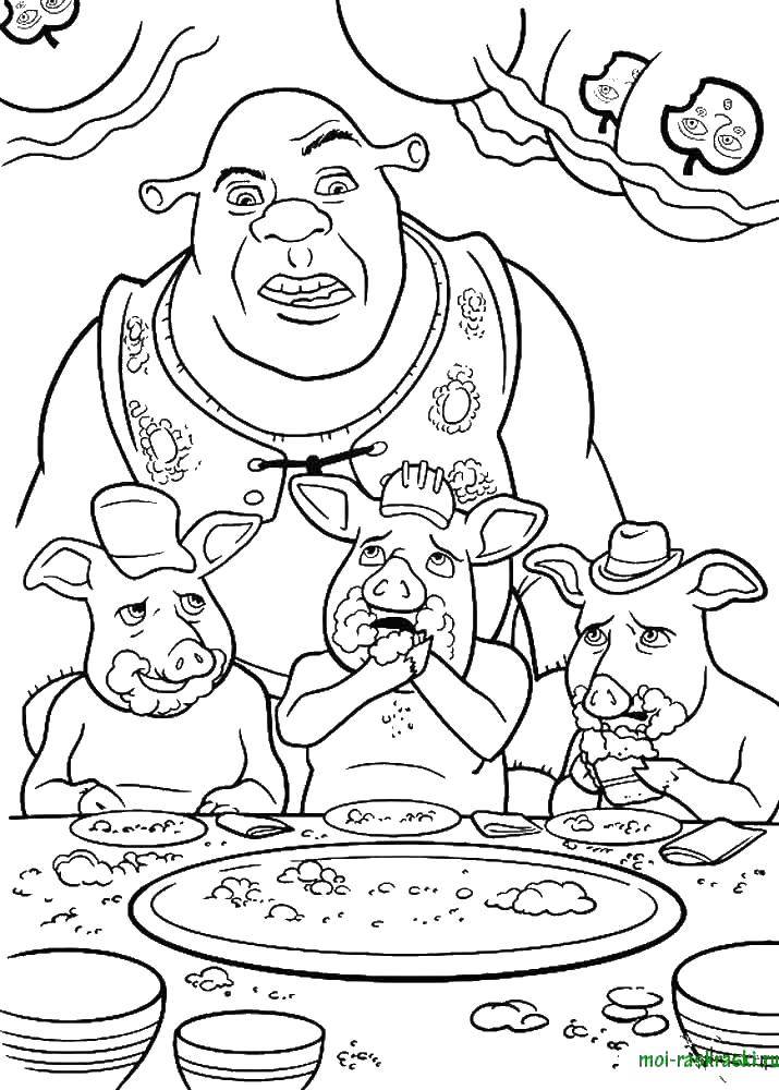Coloring Shrek and the three little pigs. Category Cartoon character. Tags:  Cartoon character, Shrek.
