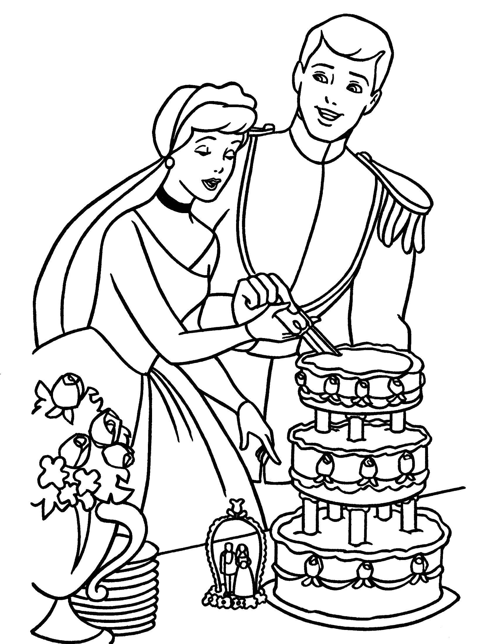 Название: Раскраска Золушка и принц на свадьбе режут торт. Категория: золушка и принц. Теги: Золушка.