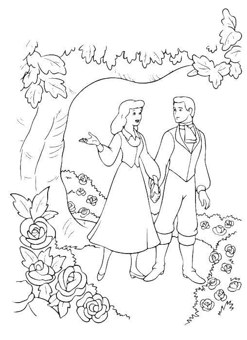Розмальовки  Попелюшка і принц гуляють в саду. Завантажити розмальовку Попелюшка.  Роздрукувати ,попелюшка і принц,