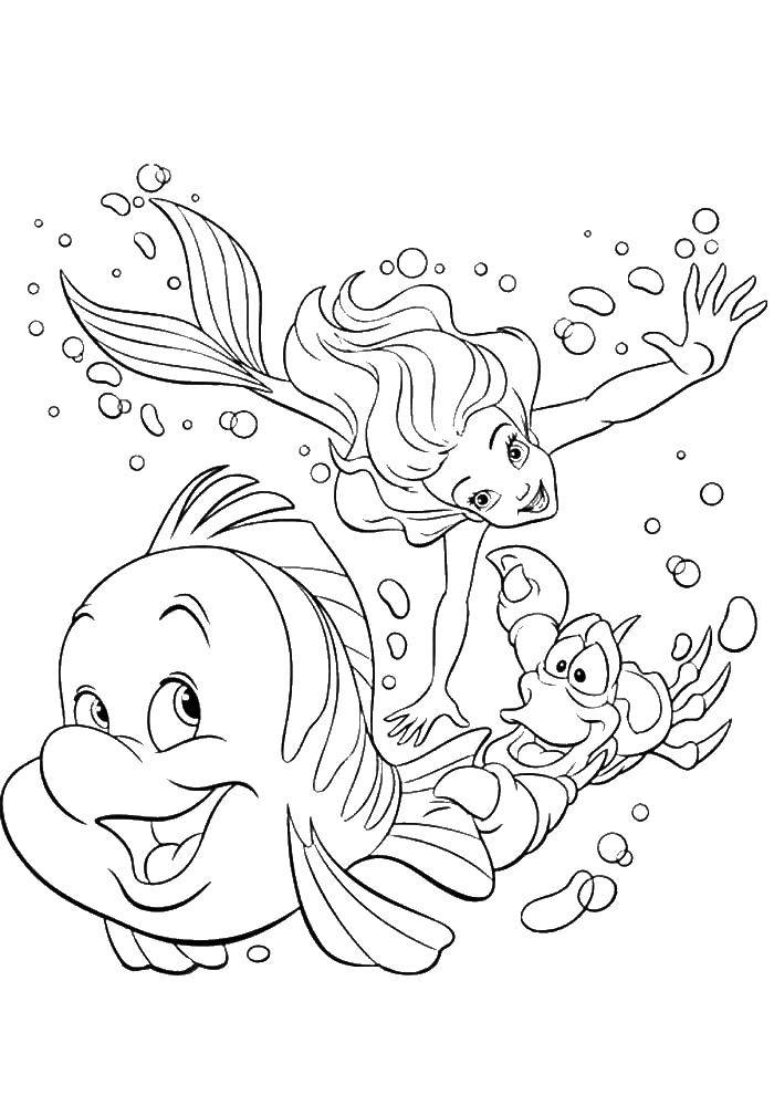 Название: Раскраска Ариэль и рыбка флаундер. Категория: Диснеевские мультфильмы. Теги: Русалка, Ариэль.
