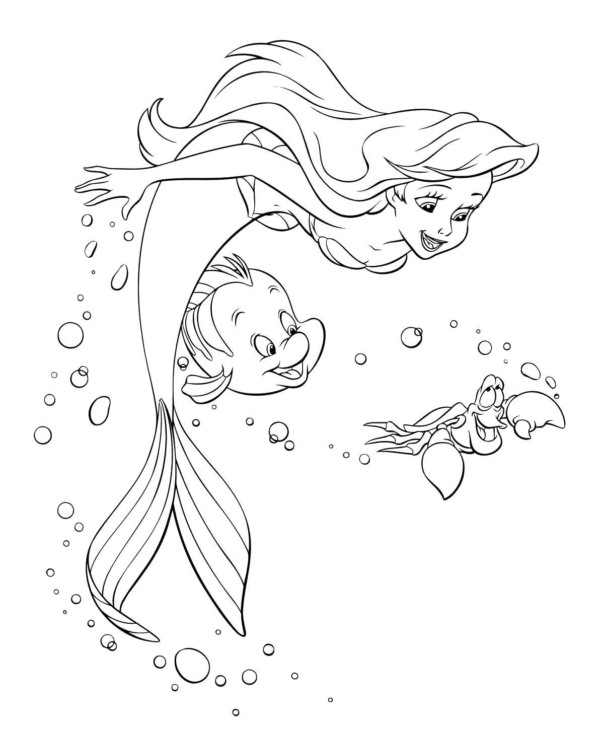 Coloring Ariel swims with friends. Category the little mermaid. Tags:  Disney, the little mermaid, Ariel.
