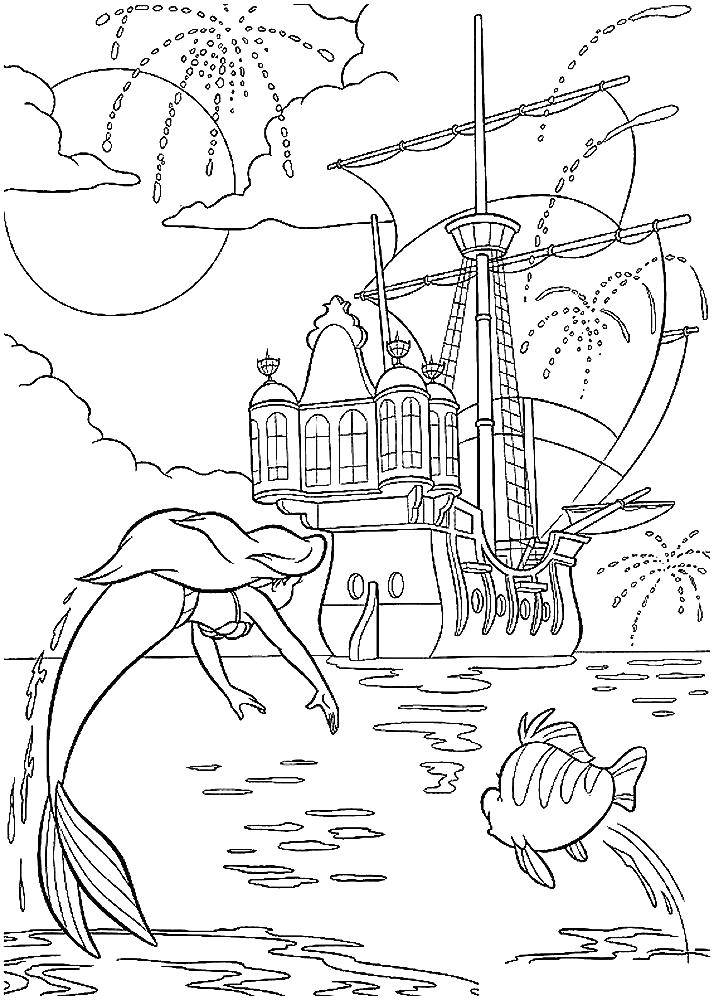 Coloring Ariel swims to the ship. Category the little mermaid. Tags:  Disney, the little mermaid, Ariel.