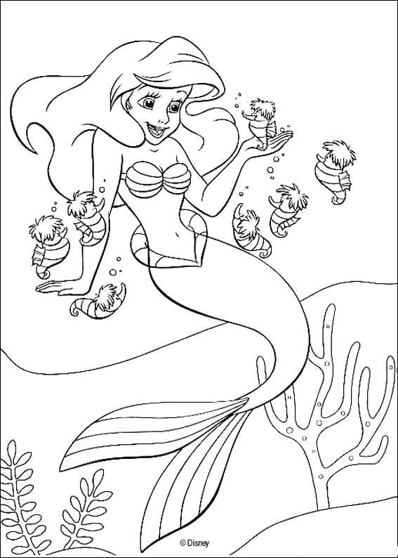 Название: Раскраска Ариэль с морскими коньками. Категория: русалочка. Теги: Дисней, русалочка, Ариэль.