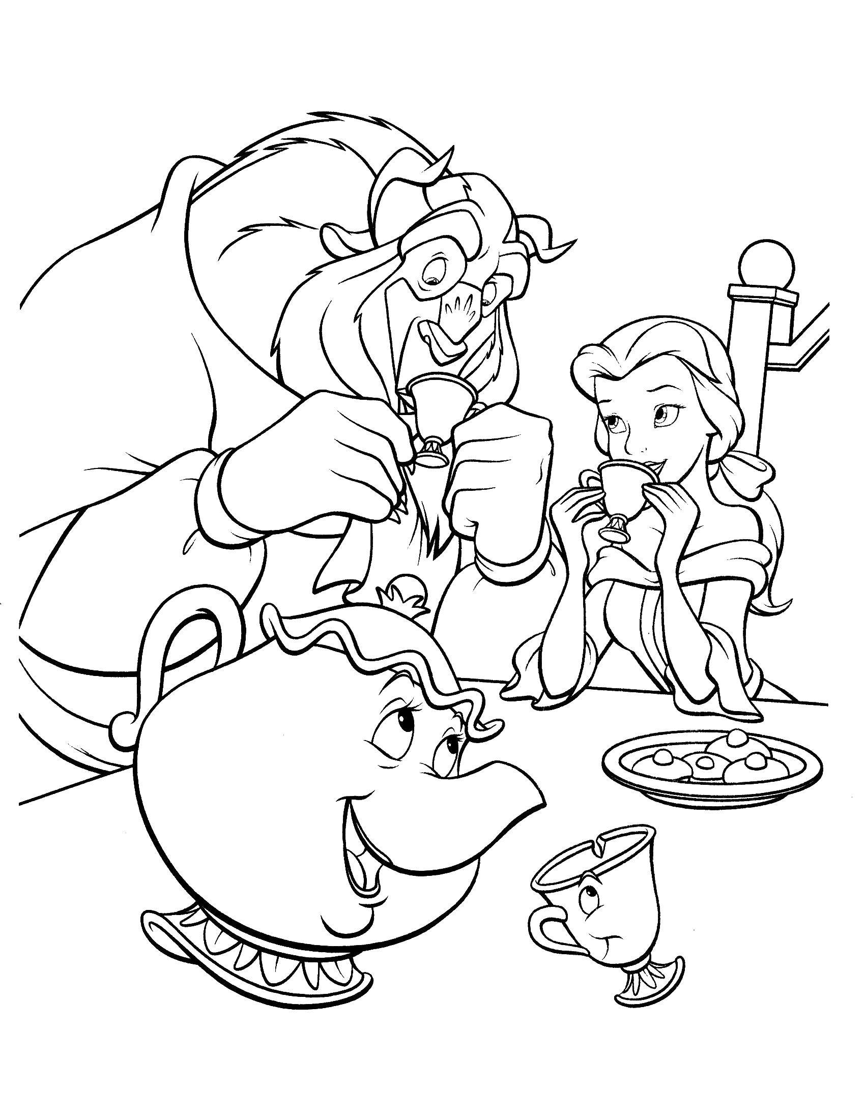 Coloring Beauty Belle and the beast having tea. Category beauty and the beast. Tags:  beautiful , monster.