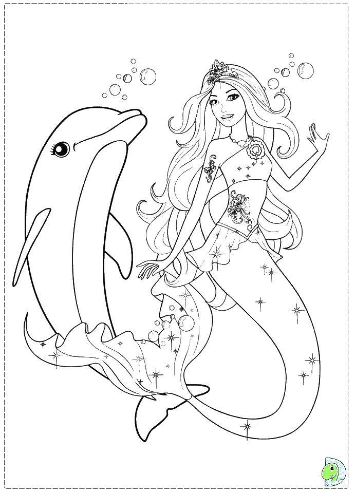 Название: Раскраска Барби русалка с дельфином. Категория: Барби. Теги: барби, русалка.