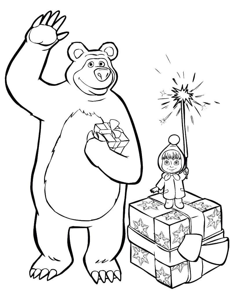 Название: Раскраска Маша и миша с подарками. Категория: маша и медведь. Теги: Маша, Медведь.