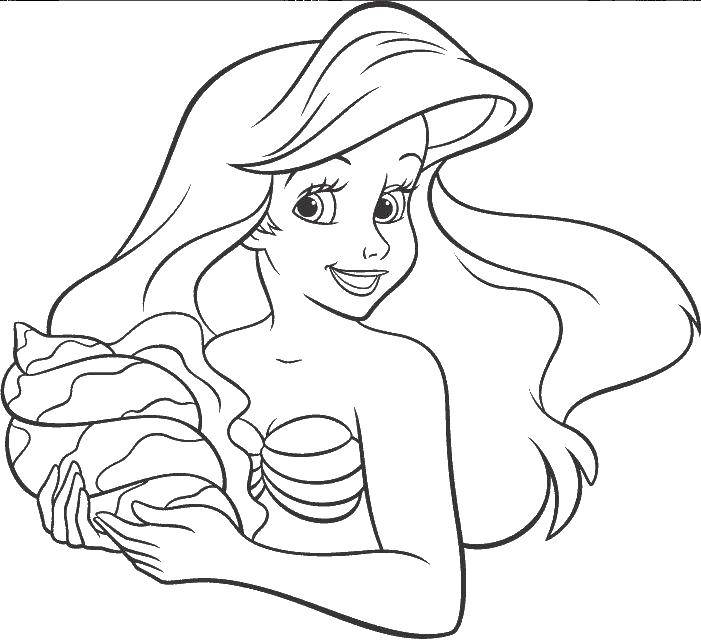 Coloring Mermaid Ariel holds a seashell. Category the little mermaid Ariel. Tags:  Mermaid, Ariel.