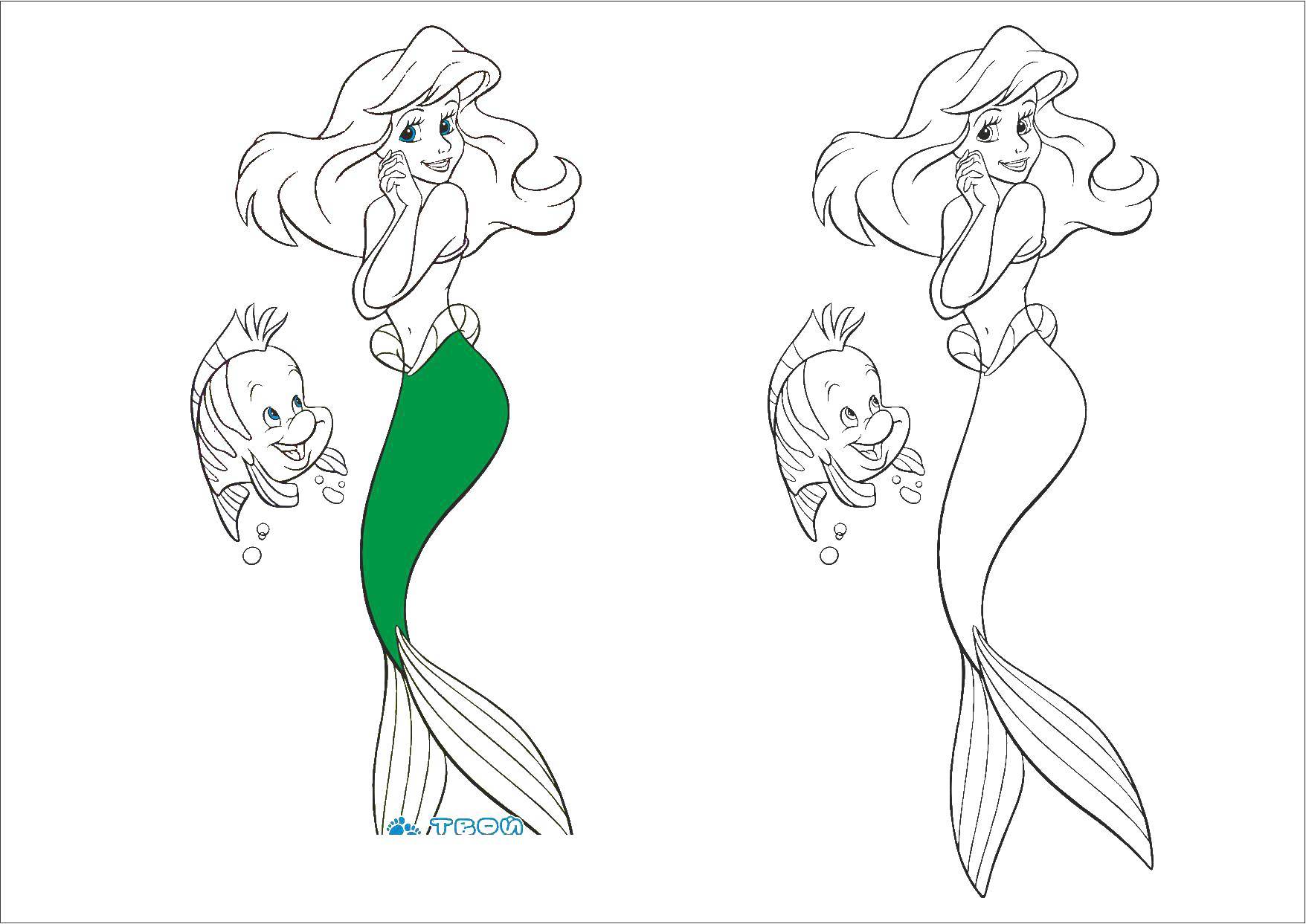 Coloring Mermaid Ariel and flounder. Category Disney cartoons. Tags:  Mermaid, Ariel.