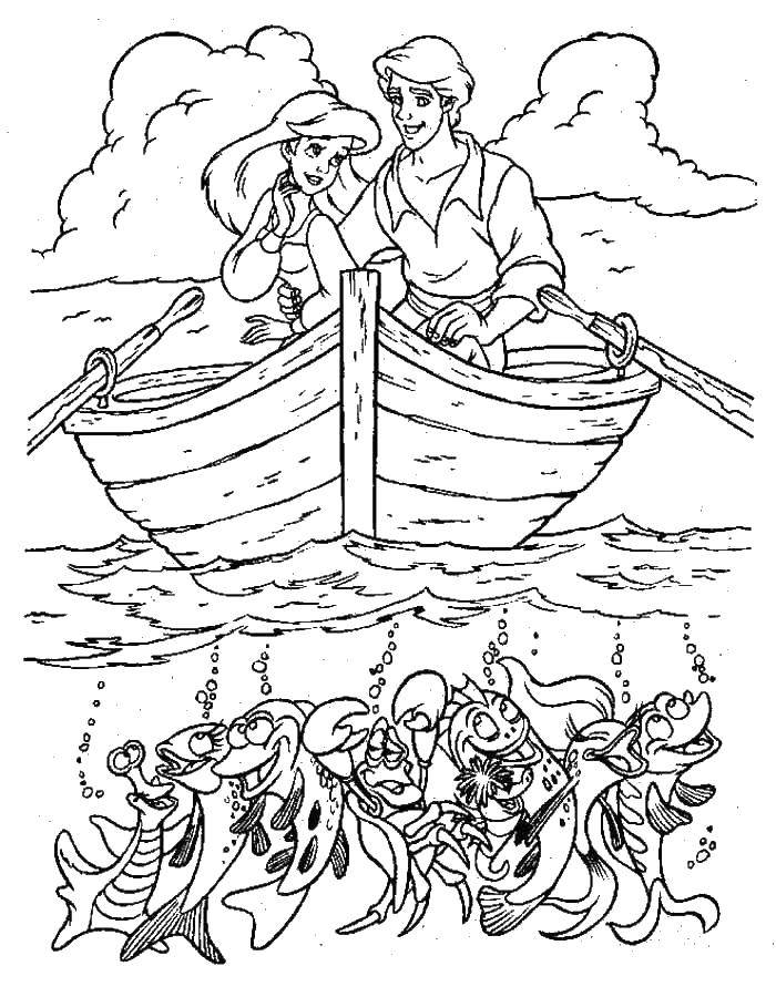 Название: Раскраска Русалка ариэль и принц эрик на лодке. Категория: русалочка ариэль. Теги: Ариэль, русалка.