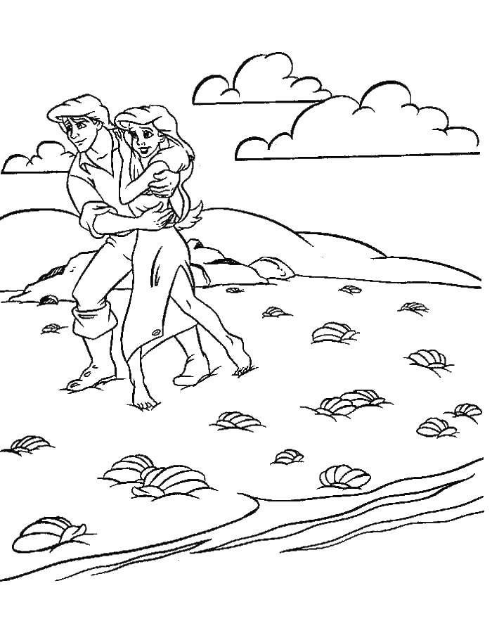 Название: Раскраска Русалка ариэль и принц эрик  на пляже. Категория: русалочка ариэль. Теги: Русалка, Ариэль.