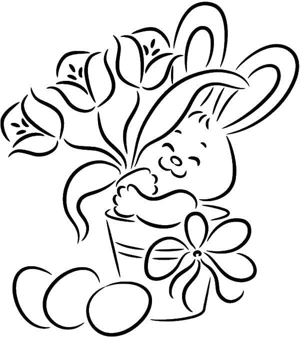 Coloring Bunny hugs flowers. Category Animals. Tags:  Bunny.