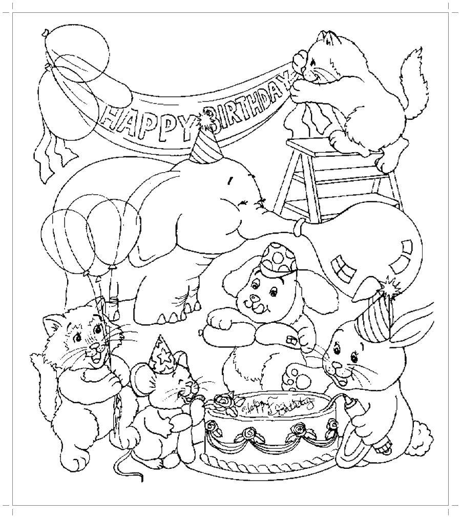 Coloring Animals celebrating birthday. Category Fairy tales. Tags:  degreetree.