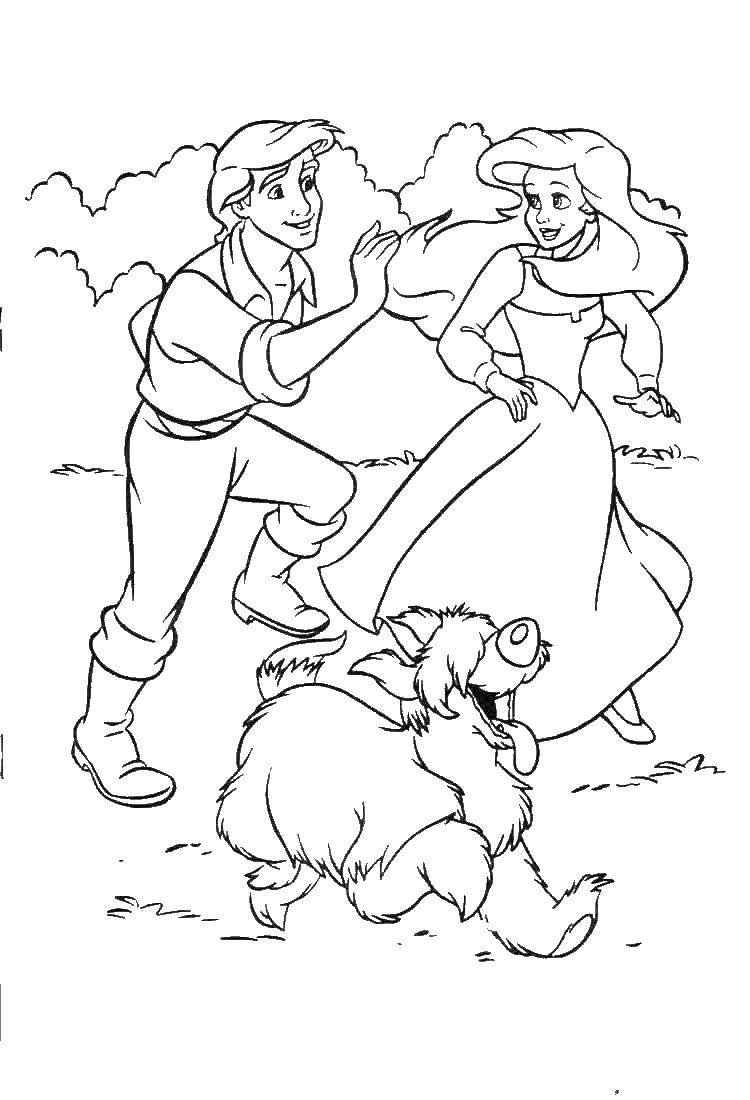 Розмальовки  Принц ерік і аріель гуляють з собакою. Завантажити розмальовку Аріель, русалка, принц.  Роздрукувати ,русалочка аріель,