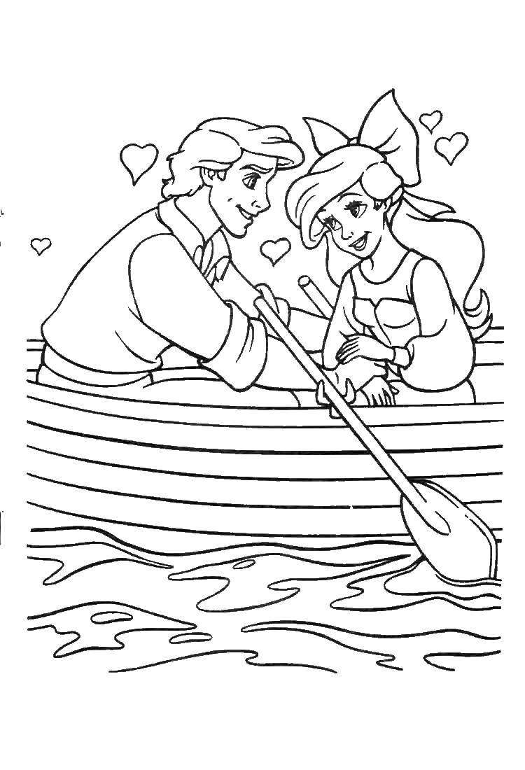 Название: Раскраска Ариэль и принц на лодке. Категория: русалочка ариэль. Теги: Ариэль, русалка.