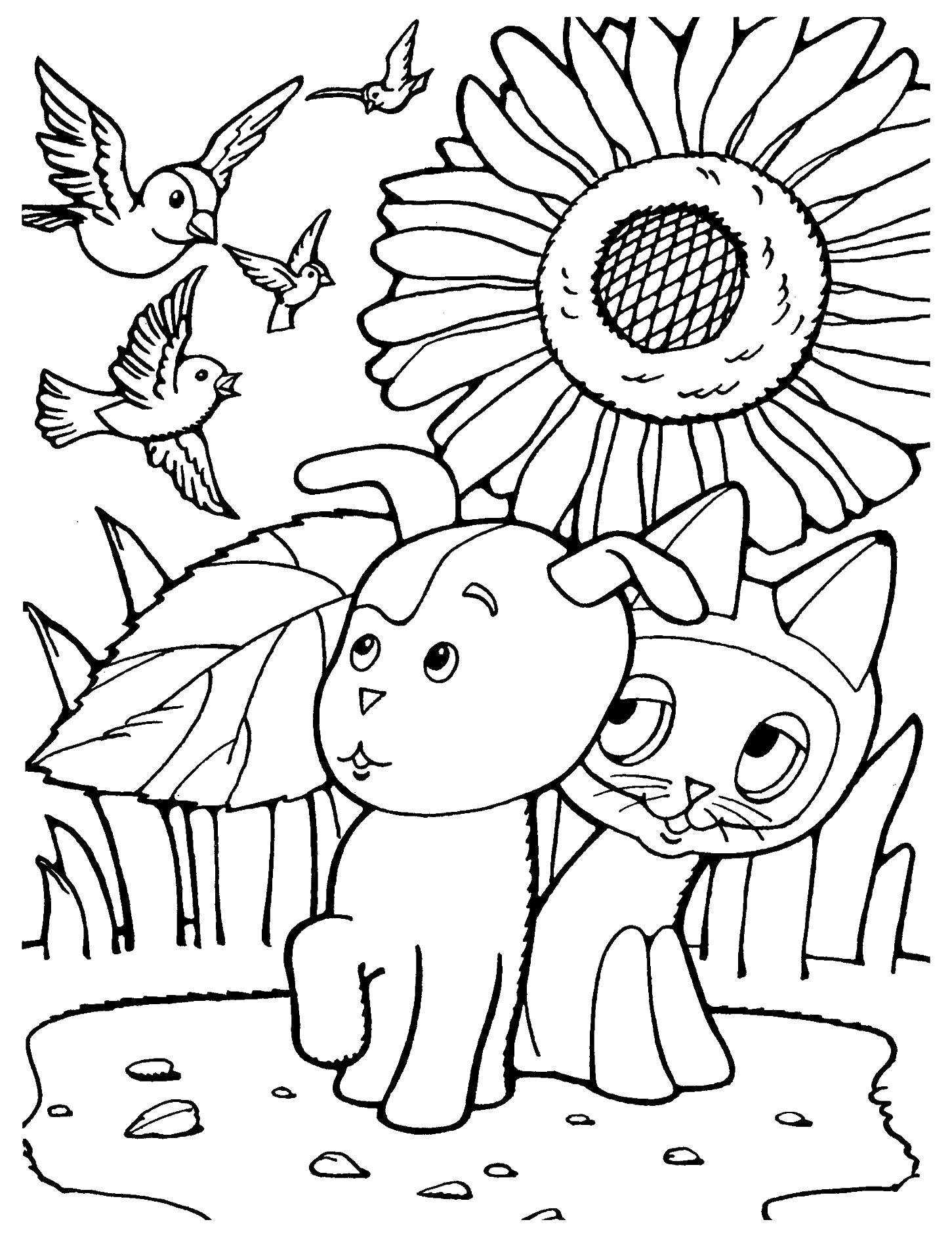 Coloring The cat plays with the dog. Category Soviet coloring. Tags:  the dog.