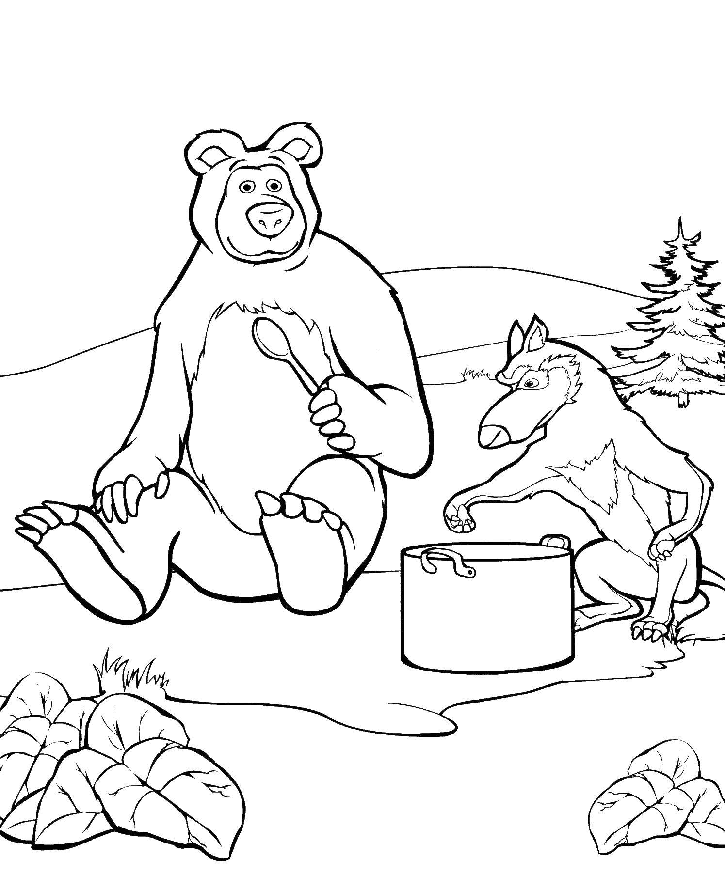 Название: Раскраска Медведь ест с волком. Категория: маша и медведь. Теги: Маша, Медведь.