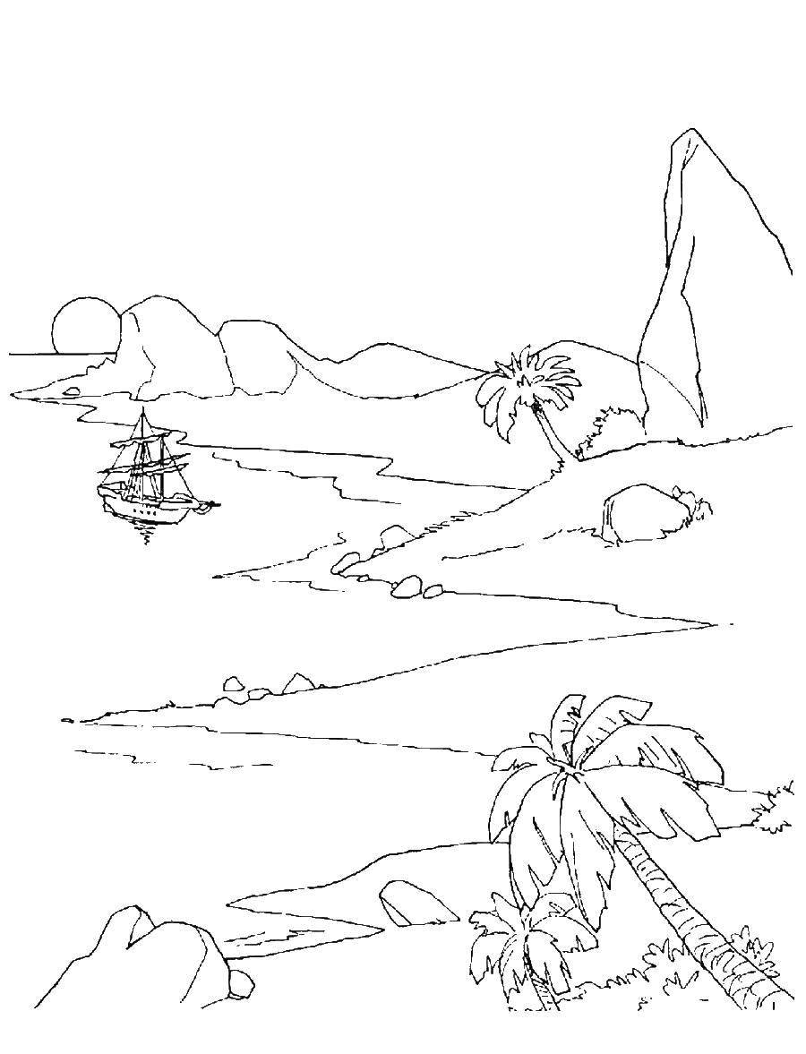 Название: Раскраска Пиратский корабль на острове. Категория: Природа. Теги: Природа, остров, корабль.