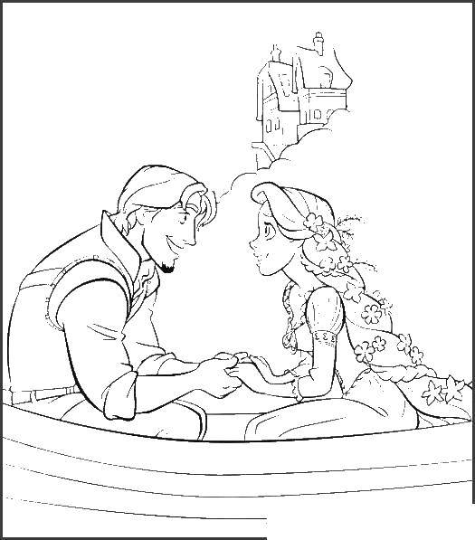 Название: Раскраска Рапунцель и принц на лодке. Категория: раскраски рапунцель запутанная история. Теги: рапунцель, принц.
