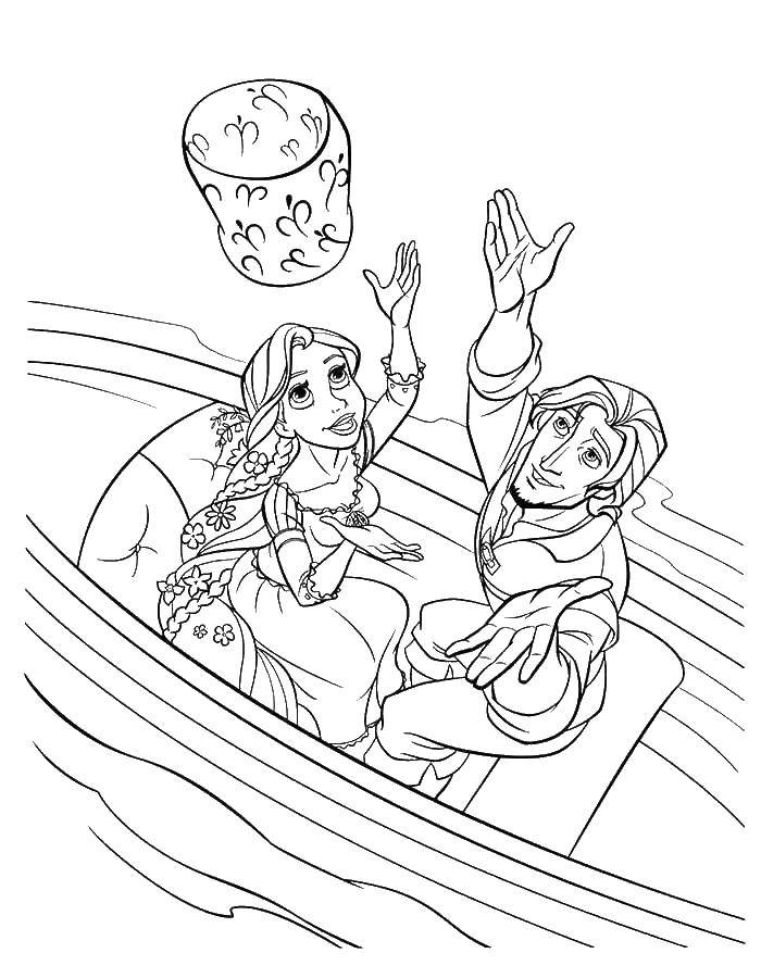 Название: Раскраска Рапунцель и принц на лодке. Категория: раскраски рапунцель запутанная история. Теги: рапунцель, запутанная история.