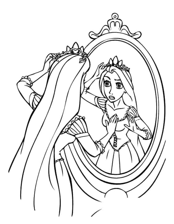 Coloring Rapunzel looks in the mirror. Category coloring pages Rapunzel tangled. Tags:  Disney, Rapunzel.