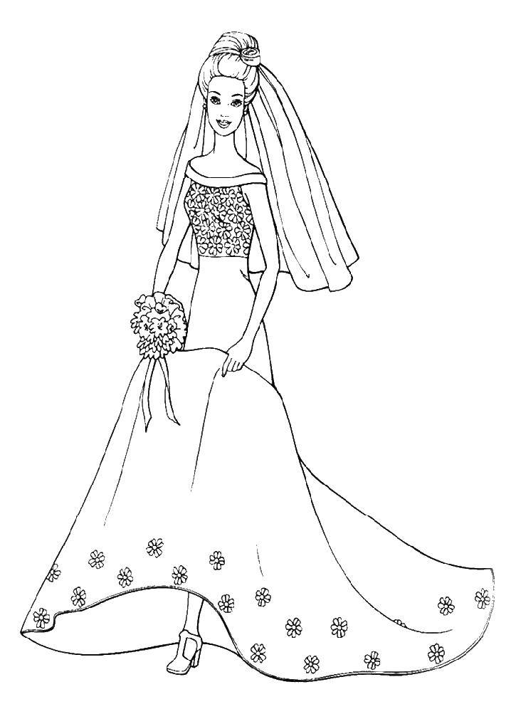 Название: Раскраска Невеста. Категория: раскраски для девочек. Теги: невеста, платье, цветы.