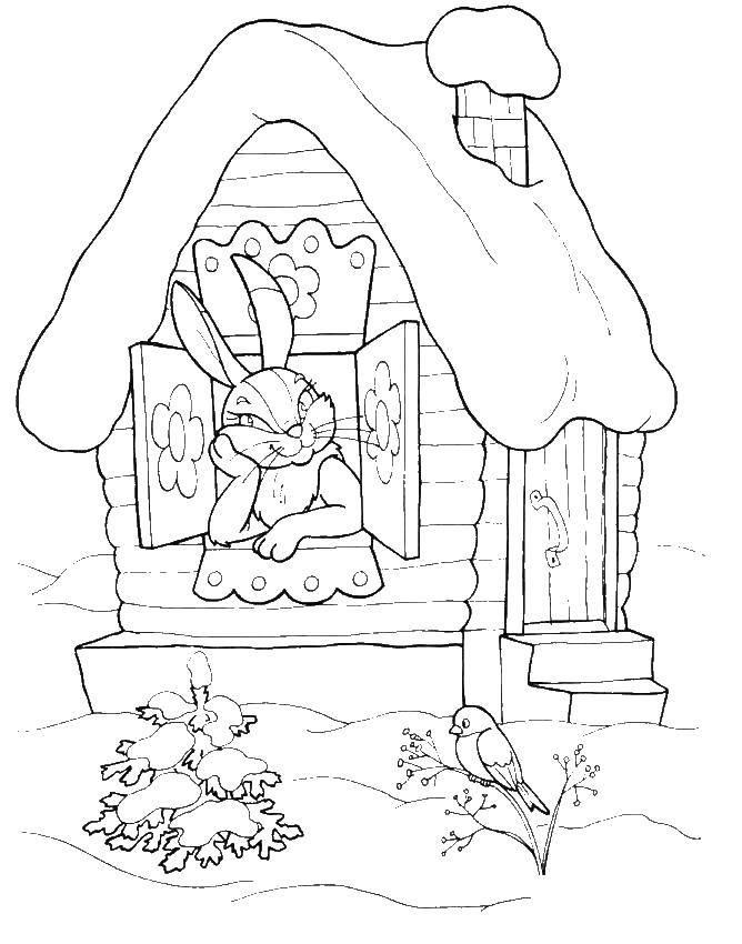 Название: Раскраска Заяц в избе. Категория: зима. Теги: заяц, кролик.