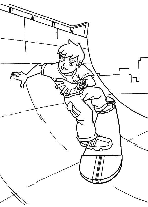Название: Раскраска Бен на скейтборде. Категория: бен тен. Теги: Персонаж из мультфильма, Бен Тен.