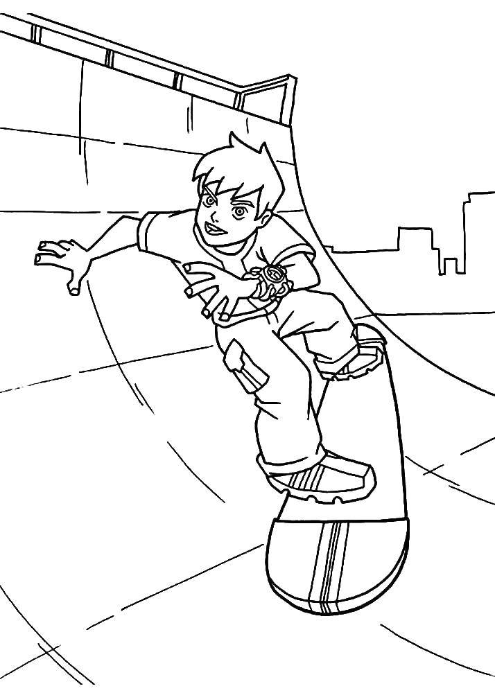 Название: Раскраска Бен на скейтборде. Категория: для мальчиков. Теги: Персонаж из мультфильма, Бен Тен.