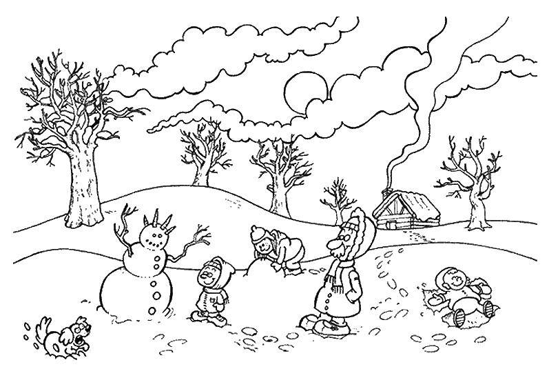 Название: Раскраска Дети играют со снегом. Категория: зима. Теги: снеговик, дети.