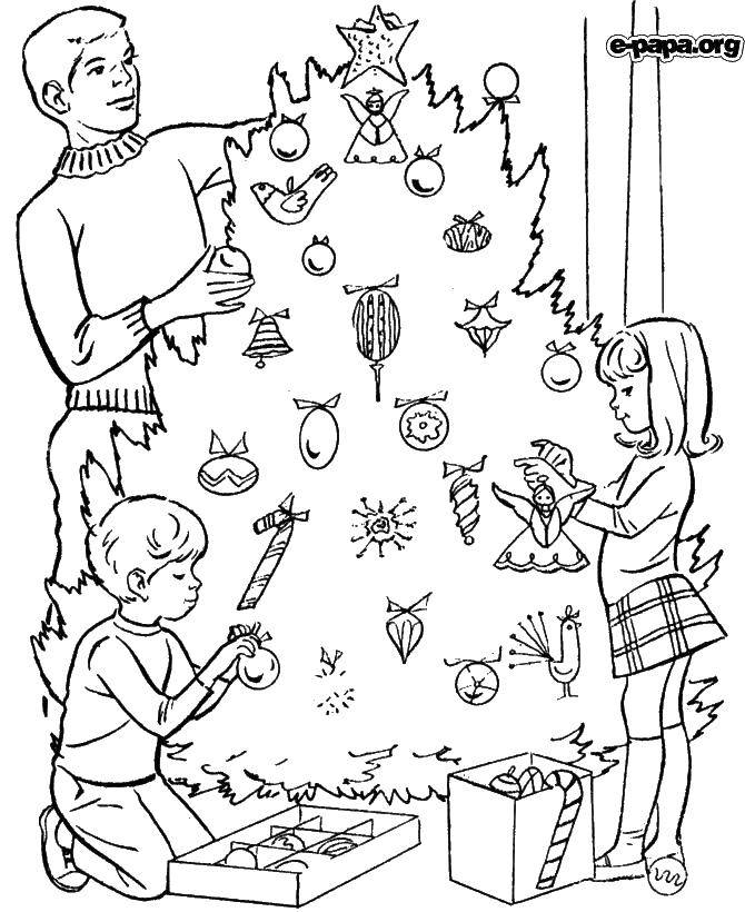 Название: Раскраска Дети наряжают елку. Категория: люди. Теги: елка.