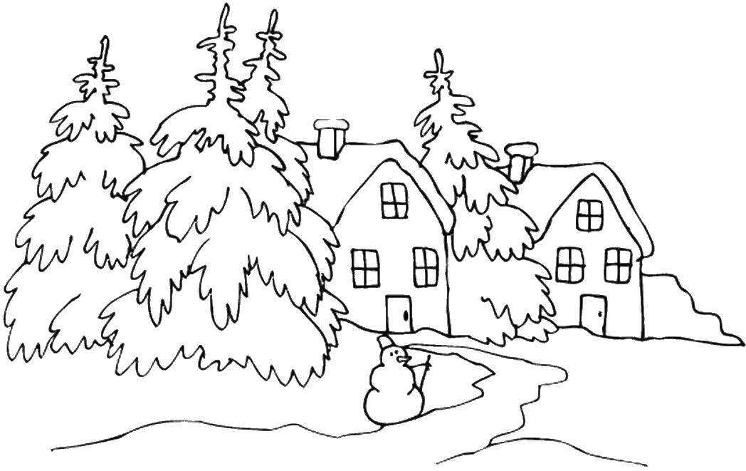 Название: Раскраска Снеговик перед домом. Категория: зима. Теги: снеговик.