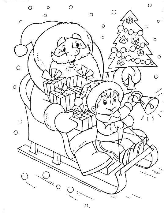 Розмальовки  Дід мороз з хлопчиком їдять на санчатах. Завантажити розмальовку Дедмороз.  Роздрукувати ,люди,