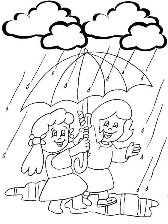 Coloring Kids under the umbrella. Category children. Tags:  Children, rain, umbrella, fun.