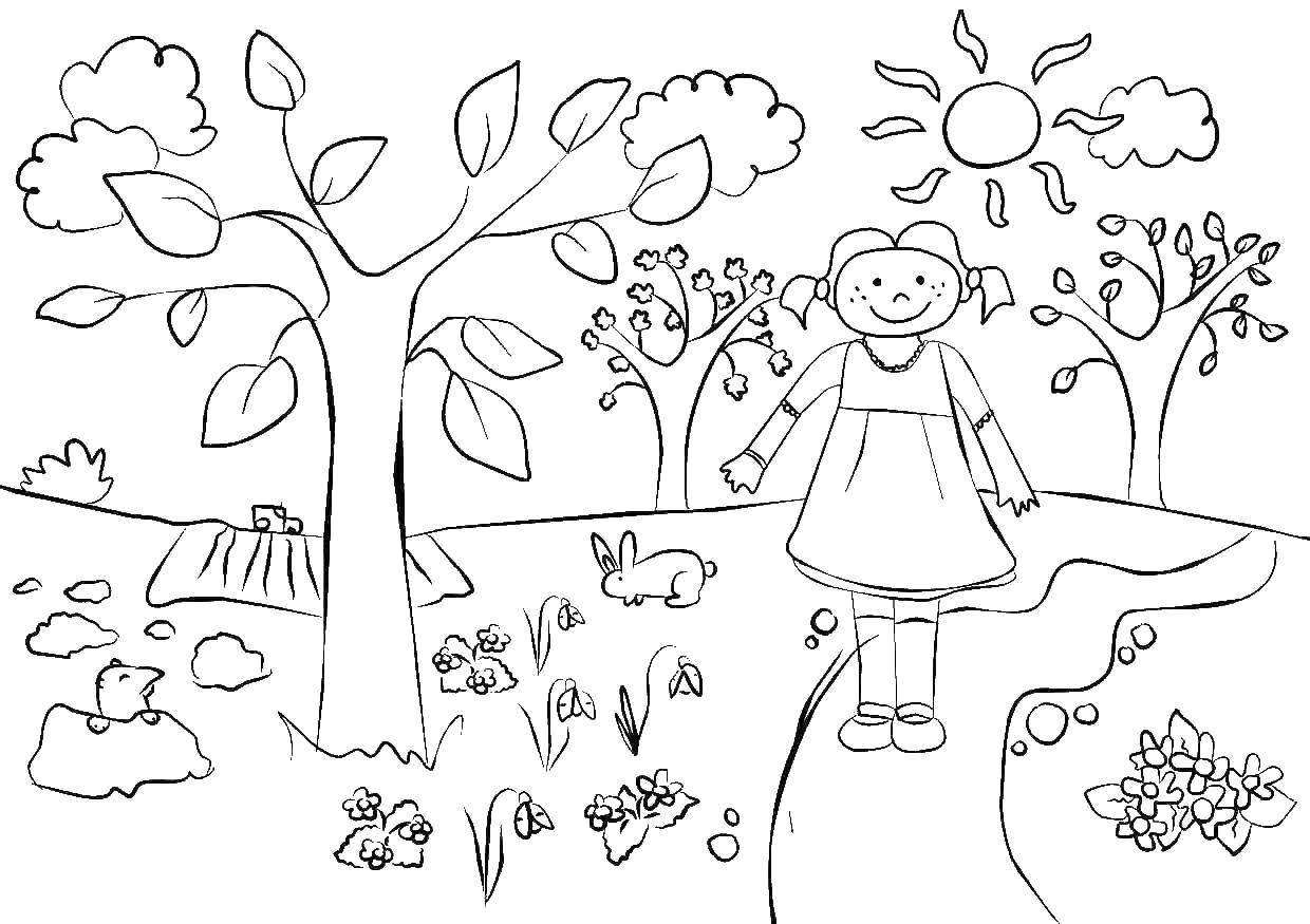 Название: Раскраска Девочка идёт по тропинке. Категория: весна. Теги: Весна, лес, животные, цветы.