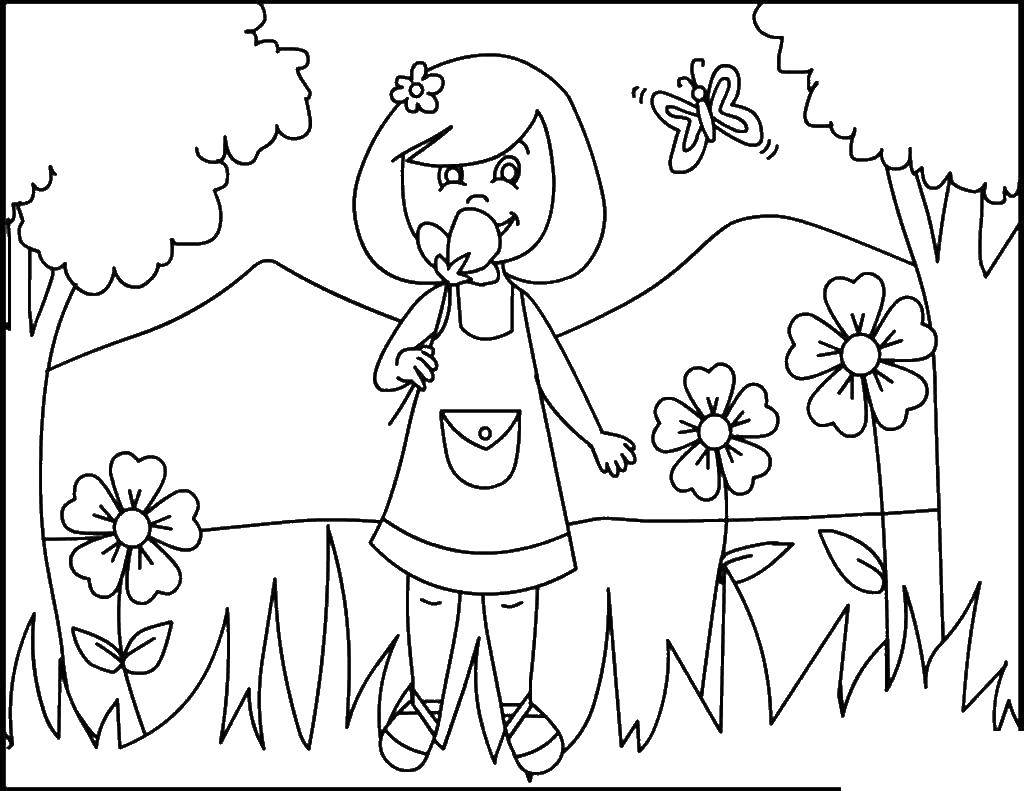 Название: Раскраска Девочка нюхает цветочек. Категория: весна. Теги: Весна, цветы, тепло , дети.
