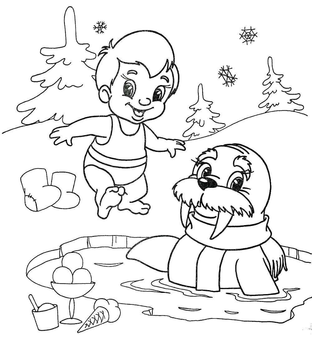 Название: Раскраска Морж и мальчик купаются. Категория: зима. Теги: морж.
