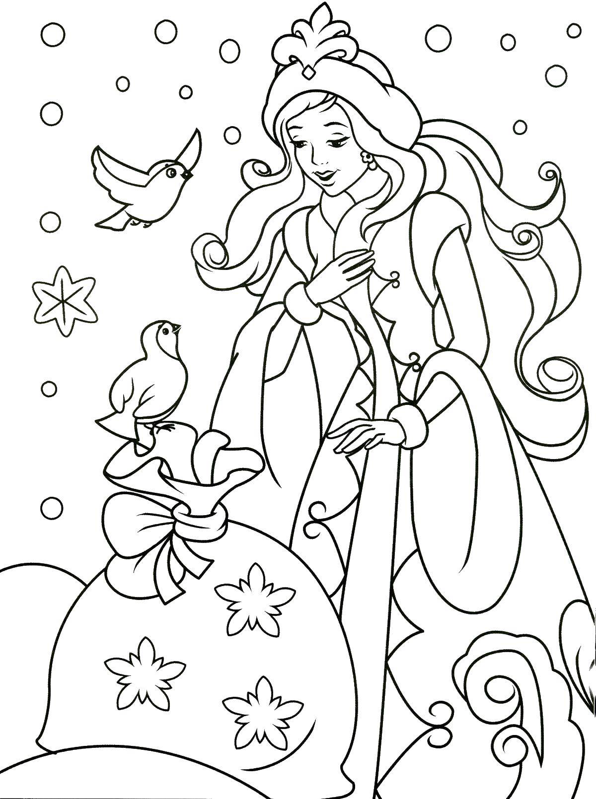 Coloring The snow maiden with a bag of gifts. Category winter. Tags:  maiden.