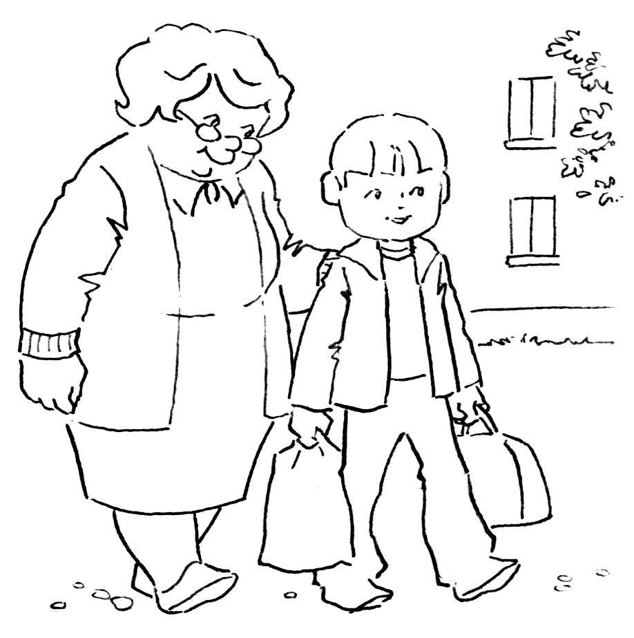 Название: Раскраска Внук помогает бабушке донести сумки. Категория: Семья. Теги: Семья, бабушка, внуки.