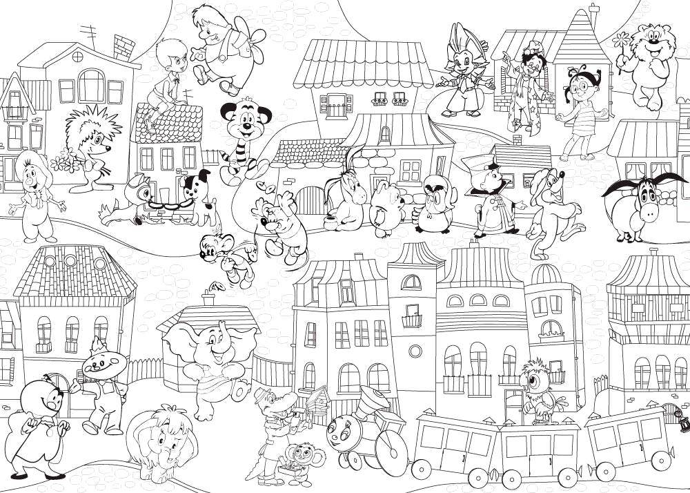 Розмальовки  Містечко персонажів з мультфільмів. Завантажити розмальовку Місто , будинки, будівлі.  Роздрукувати ,місто,