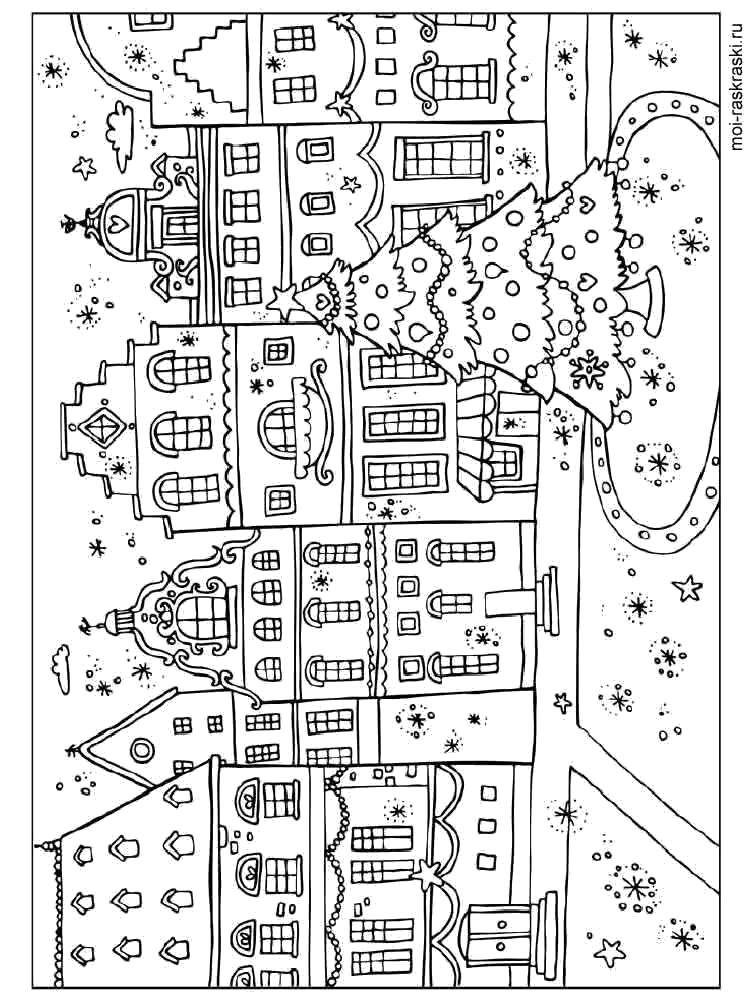 Розмальовки  Зимовий містечко. Завантажити розмальовку Місто , будинки, будівлі, зима, сніг.  Роздрукувати ,місто,