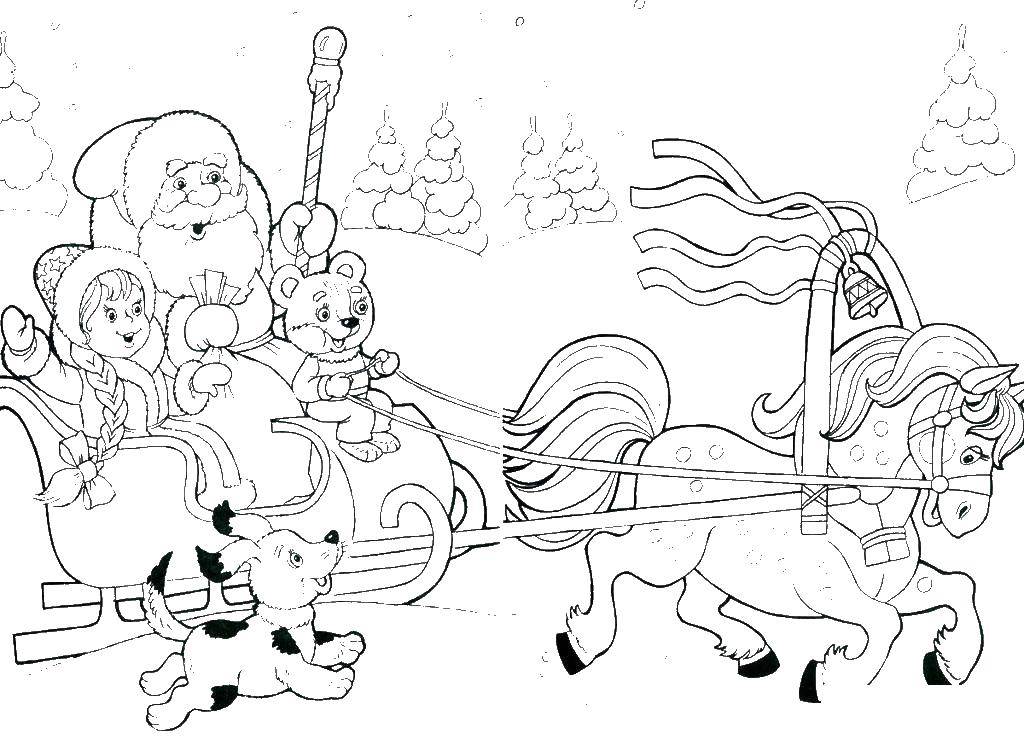 Название: Раскраска Дед мороз и снегурочка едут с подарками. Категория: зима. Теги: снегурочка.