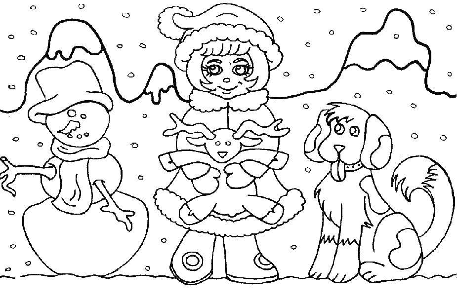Название: Раскраска Девочка с игрушкой и с собакой. Категория: Люди. Теги: снеговик, девочка.
